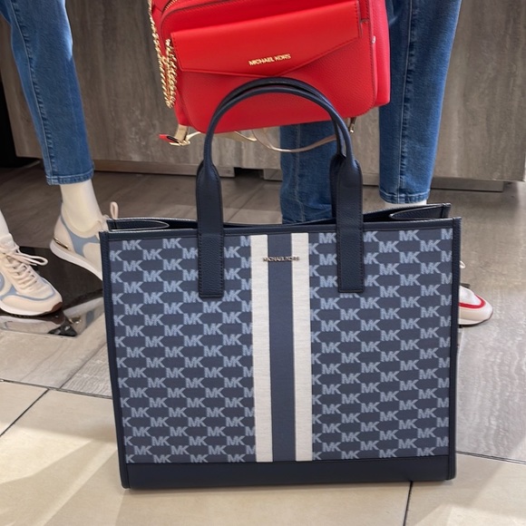 Michael Kors Men Women  XL Cooper Striped Logo Jacquard Structured Tote Handbag - Picture 3 of 16